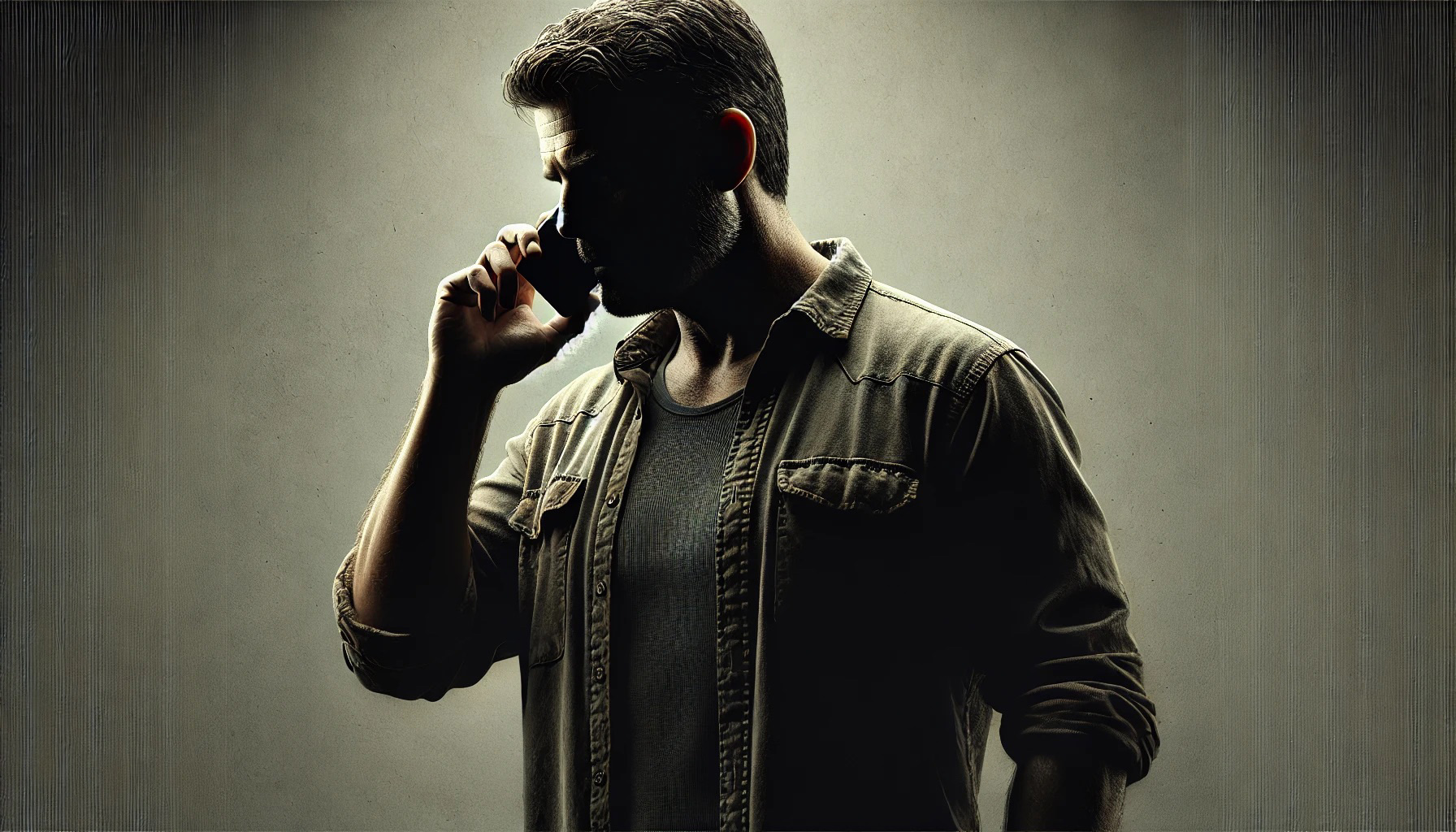 A silhouette of a man holding a phone to his ear, wearing a casual shirt in a dimly lit environment. The atmosphere is mysterious and intense, emphasizing secrecy or a private conversation. 